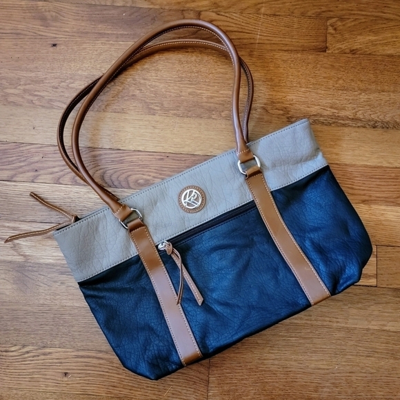 Kim Rogers Purse Shoulder Bag Tote Two Tone Color Block Black Tan Brown - Picture 2 of 16